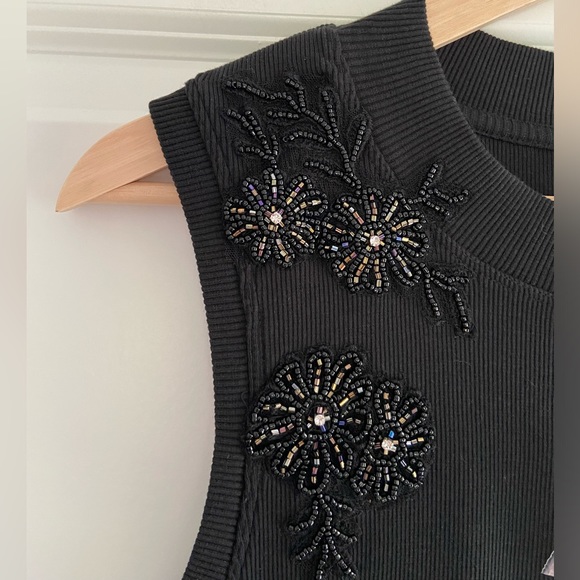 Anthropologie Black Beaded Applique Tank Top Sleeveless Ribbed Cotton Knit Sz 2X - Picture 7 of 16